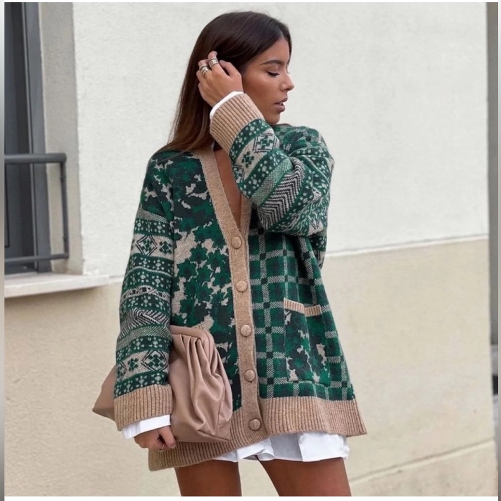 ZARA Courtyard Green Patchwork Green Tan Oversized Cardigan Small